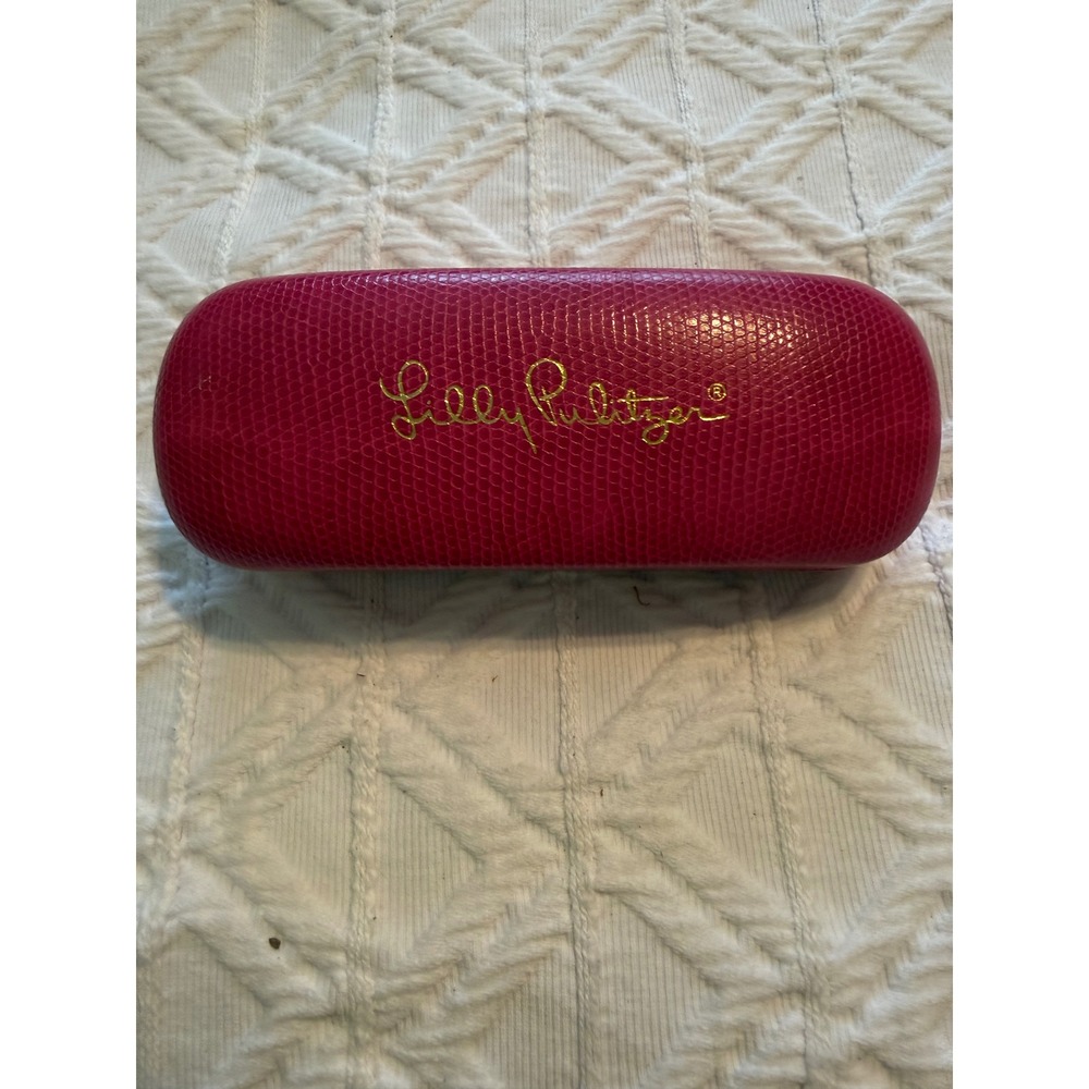 Lilly Pulitzer Pink Faux Lizard Hard Shell Eyeglass Case Gold Logo Navy Interior